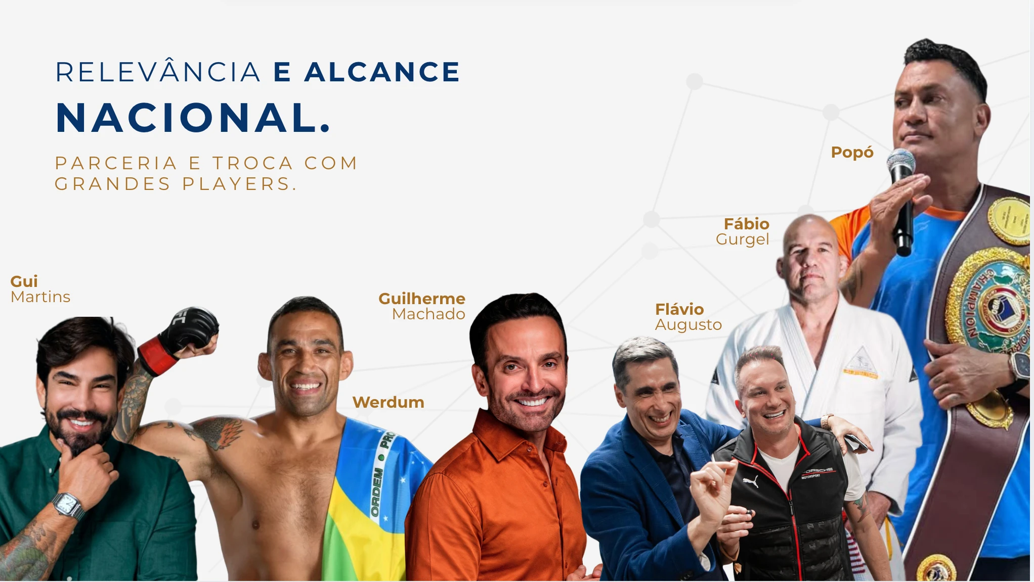 Relevância e alcance nacional. Parceria e troca com grandes players: Gui Martins, Werdum, Guilherme Machado, Flávio Augusto, Fábio Gurgel e Popó